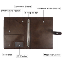 Classeur multi-poches personnalisé A4 PU Leather Document Folder Portfolio Organizer File Folder with Ring Binder