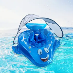 Child pool float with seat and awning blue smiling face toy inflatable baby swimming float