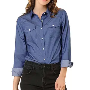 KM Blue Button Down Roll-up Long Sleeve Blouse Buttoned Cuffs Women Clothes Blouse Blouses Tops