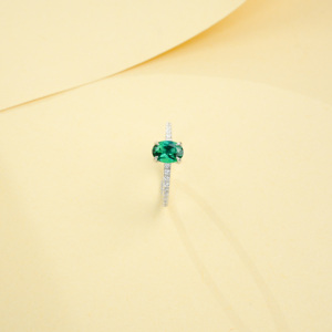 Classic Oval Cut Lab Created <b>Emerald</b> Solitaire <b>Ring</b> with Diamond Accents in 925 <b>Silver</b> for Bridal - Product Image 2
