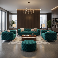 Ensemble de canapés de bureau en velours bleu sarcelle capitonnés, mobilier professionnel pour environnement professionnel avec éclairage d'ambiance doux