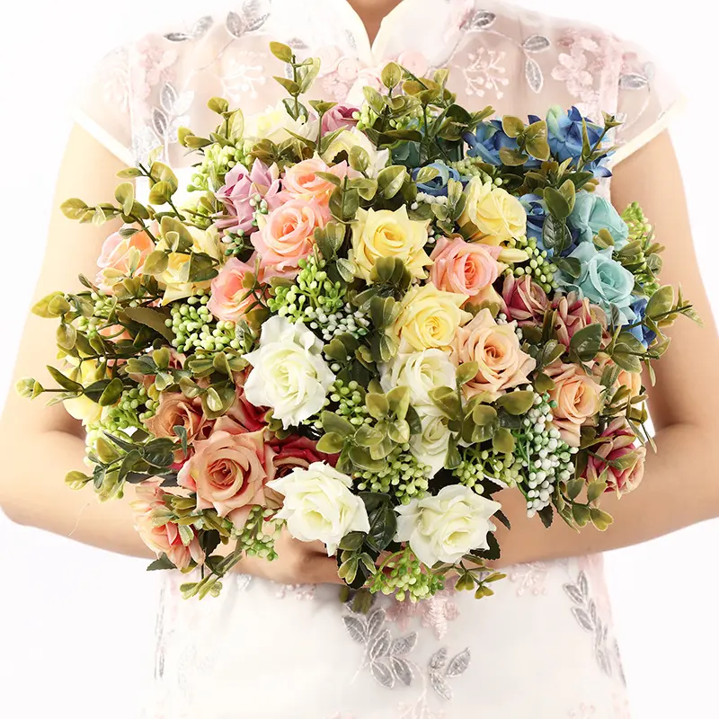 Factory Sale Italy Rose Bunch Artificial Flower Wedding Bouquet Artificial Wholesale Flowers