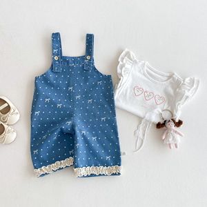 Tuta estiva Casual a pois 2025 da ragazza <span class=keywords><strong>pantaloni</strong></span> in Denim con fiocco alla moda per bambine e bambini - Product Image 2