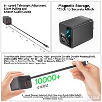 Bloc chargeur USB C GaN double port 65W, adaptateur de charge rapide de voyage, PD 3.0, câble Type C rétractable pour ordinateur portable, téléphone portable, OTP