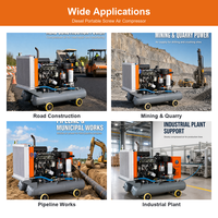 Compresseur d'air mobile diesel portable à vis, 4 roues, remorquable, lubrifié, refroidi par air, pour la construction routière et les marteaux-piqueurs
