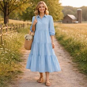 <span class=keywords><strong>Abito</strong></span> Personalizzato in <span class=keywords><strong>Lino</strong></span> <span class=keywords><strong>Azzurro</strong></span> con Colletto a Camicia per Donne, con Maniche a Sbuffo e Volant a Strati <span class=keywords><strong>Abito</strong></span> Elegante Adatto per Donne. - Product Image 1