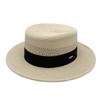 Chapeau de paille Panama pour femme, d'été, de plage, anti-UV, rayé, réglable, imprimé sérigraphié, à calotte plate ajourée, tressé, pour fête et extérieur