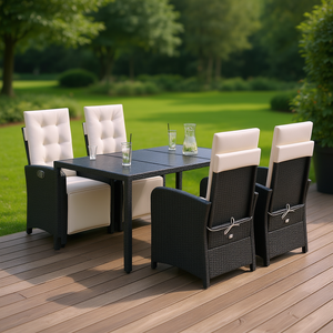 Set da pranzo da giardino a 4 posti con braccioli regolabili in rattan PE nero, mobili da esterno in stile contemporaneo - Product Image 2