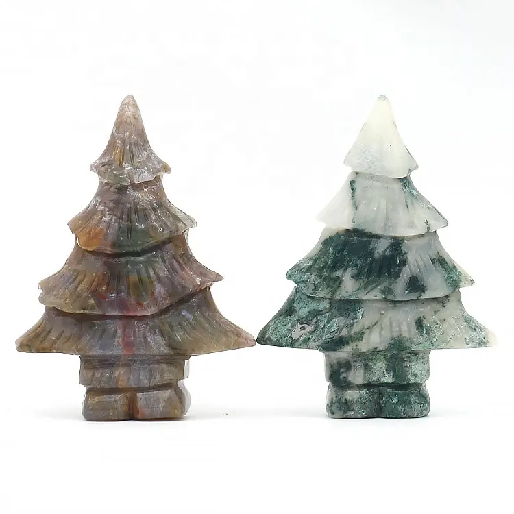 Wholesale hand carved crystal tree carving moss agate Christmas tree for decoration