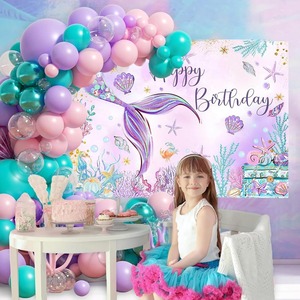 Décor de fond d'anniversaire sirène, décorations de fond d'anniversaire sur le thème de <span class=keywords><strong>l</strong></span>'océan, bannière murale de fête d'anniversaire pour <span class=keywords><strong>petite</strong></span> fille sirène - Product Image 3