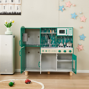 Grande cuisine de jeu en bois pour enfants avec réfrigérateur vintage, micro-ondes, cuisinière et évier, ensemble de cuisine d'imitation haut de gamme - Vert - Product Image 4