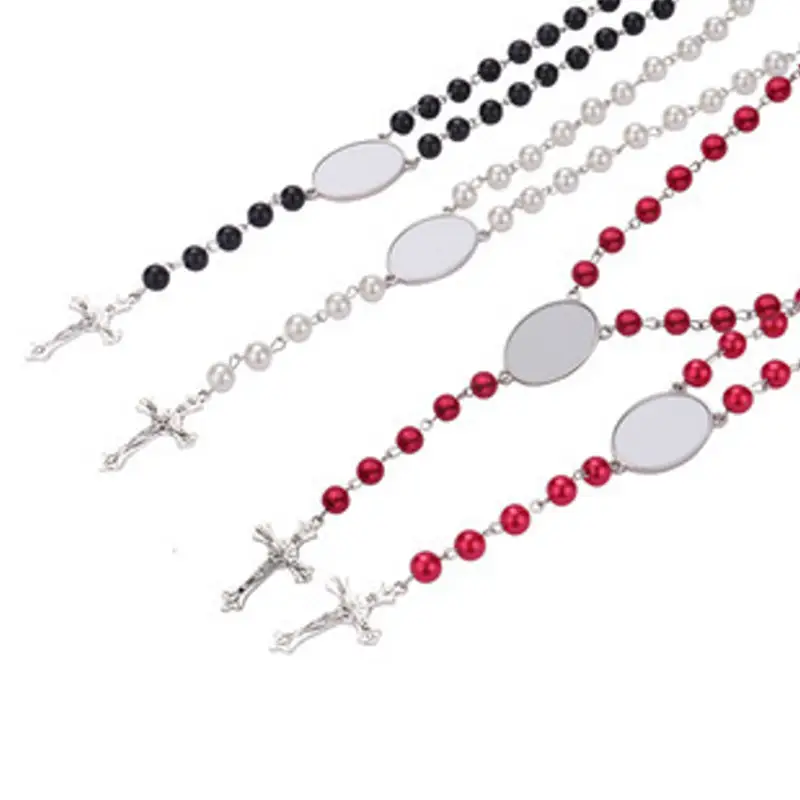 Sublimation Necklace Blanks With Custom Photo Christian Rosary Beads Jesus Pendant Cross Religion Jewelry