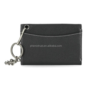 Portefeuille en cuir pour homme, style motard, à trois volets, avec chaîne métallique anti-perte, broderie, porte-cartes en cuir style moto avec porte-clés - Product Image 3