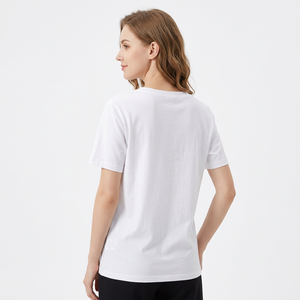 T-shirt blanc pour femme, col en V, manches courtes, tricot côtelé, uni, anti-rides, 100% coton, coupe décontractée, tee-shirt d'été - Product Image 5