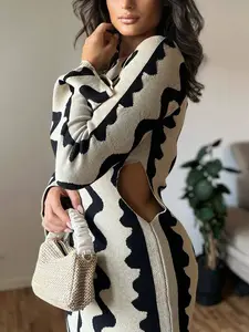2023 가을 파티 플레어 긴 소매 스키니 섹시한 중공 웨이브 자카드 니트 맥시 드레스 여성 스웨터