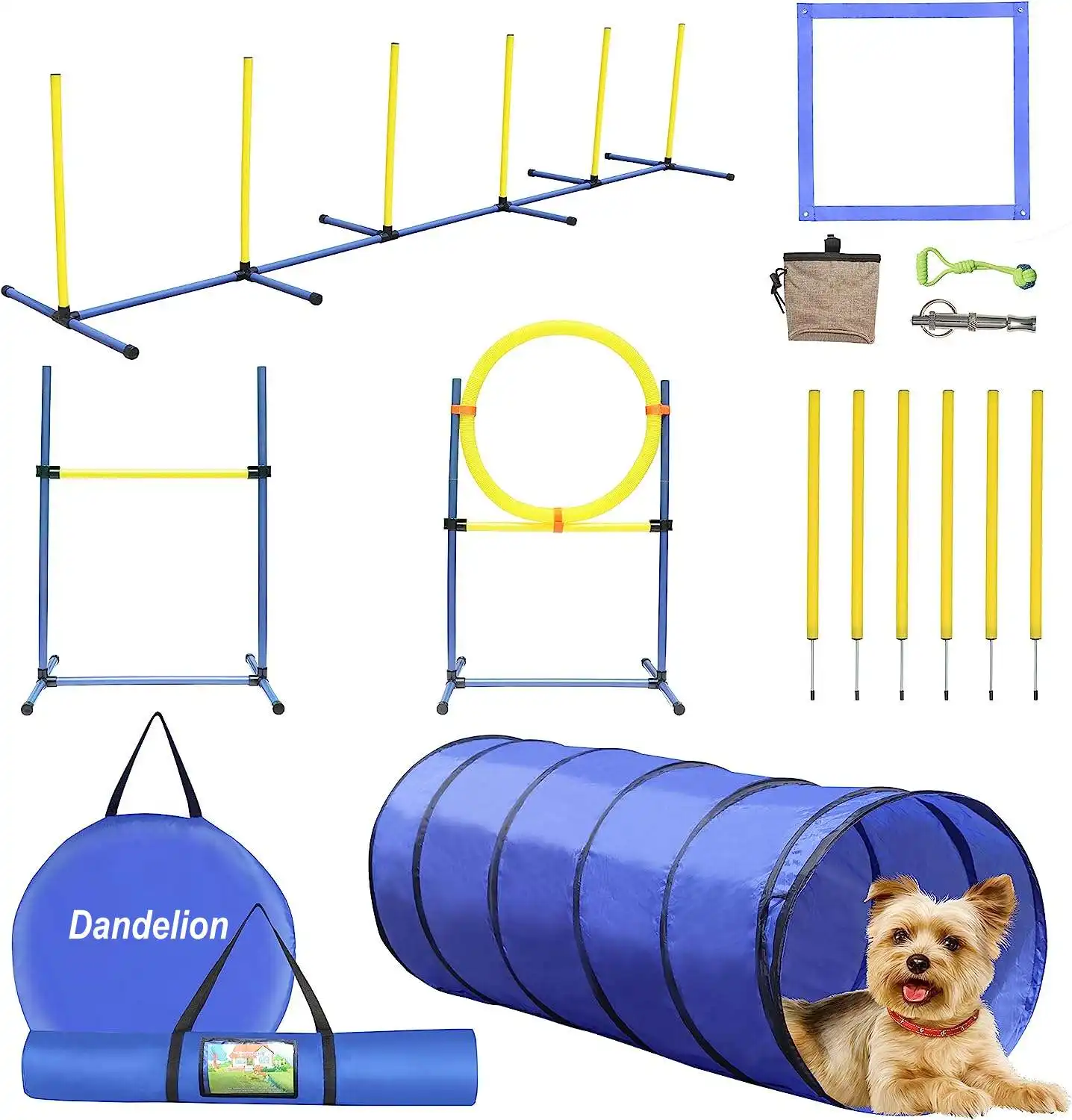 Ensemble d'équipement d'entraînement d'agilité pour chien, kit de démarrage de course d'obstacles de luxe avec tunnel, obstacle réglable, anneau de saut, 6 pôles de tissage