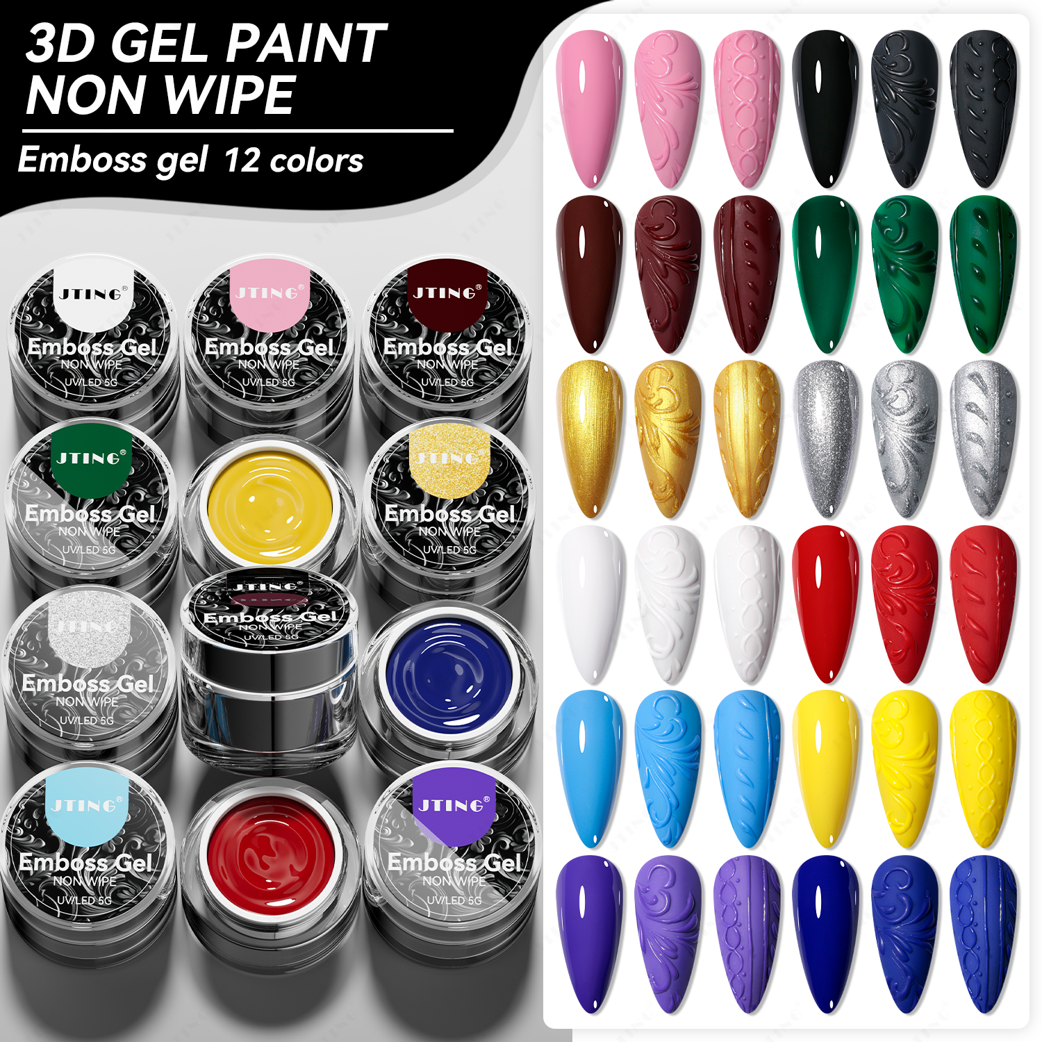 JTING Gel de peinture 3D non essuyé 12 couleurs ensemble Unique nail art effet gaufrage gel vernis à ongles peinture OEM conception gratuite pour pots