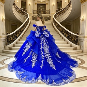 Vestido de Quinceañera de Lujo al por Mayor, Azul Rey, Bordado <span class=keywords><strong>a</strong></span> <span class=keywords><strong>Mano</strong></span>, con Hombros Descubiertos, Vestidos de Novia, Vestidos de Quinceañera Morados - Product Image 3