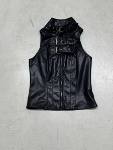 Top corset en cuir PU punk pour femmes, haut court à col haut avec boucle en métal et manches - Product Image 6