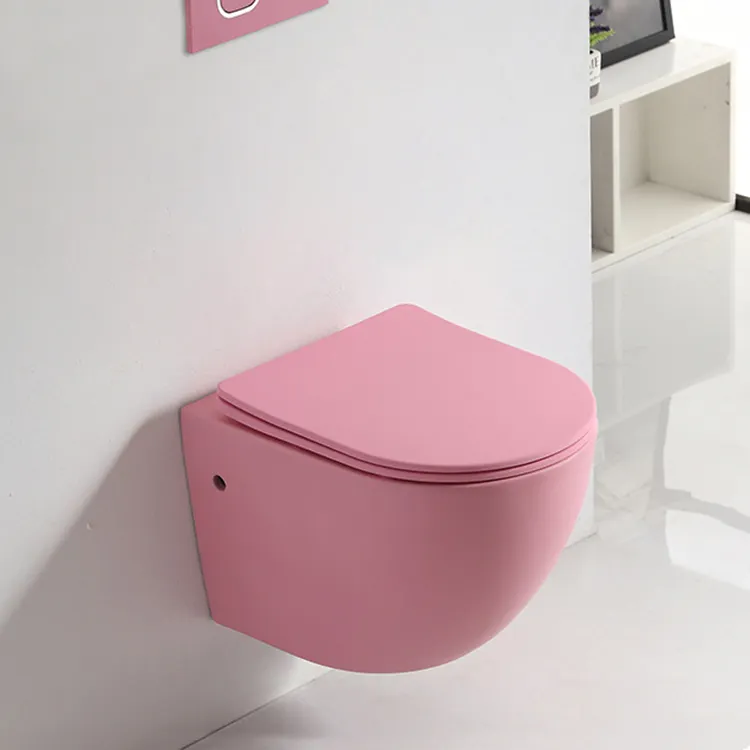 Set Toilet pemasangan dinding mangkuk Toilet merah muda Keramik Modern tanpa bingkai dua potong mencuci WC kamar mandi