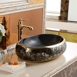 Black and gold plated wash basin antique banyo lavabo oval countertop ceramic hand wash bathroom cabinet sink