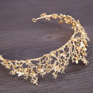 Wholesale Hot Selling Baroque Rhinestone Golden Crown Princess Tiara Wedding Bridal Hair Accessories