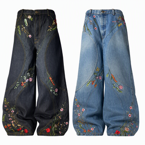 Jeans Vintage con Ricami Botanici a Gamba Larga per Donna, Pantaloni in <span class=keywords><strong>Denim</strong></span> con Cuciture Curve, Blu Scuro e Blu Chiaro - Product Image 1