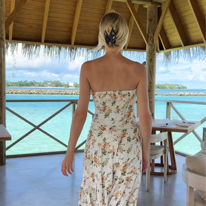 فستان ماكسي أنيق أبيض من الكتان بتصميم مطبوع بالدانتيل الزهري، بدون حمالات، بخصر طبيعي مكشكش، مثالي للشاطئ وحفلات المنتجعات - Product Image 3