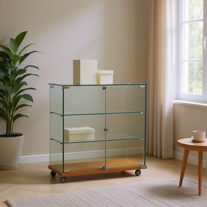 Vitrine moderne en verre 80x40x90cm avec portes battantes verrouillables, base en bois et roulettes - Product Image 3