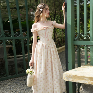 Vestido Midi Corsé Floral Estilo Cottage Core con Hombros Descubiertos, Espalda con Volantes y Lazo, Vestido de <span class=keywords><strong>Princesa</strong></span> Dulce Estilo Hada con Corte en A, Prenda Floral - Product Image 4