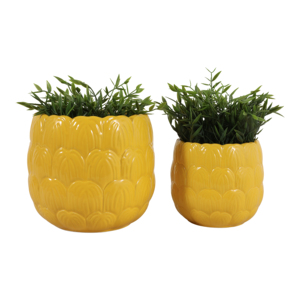 Set di 2 vasi da fiori in ceramica testurizzata, gialli, decorativi, per uso interno ed esterno - Product Image 2