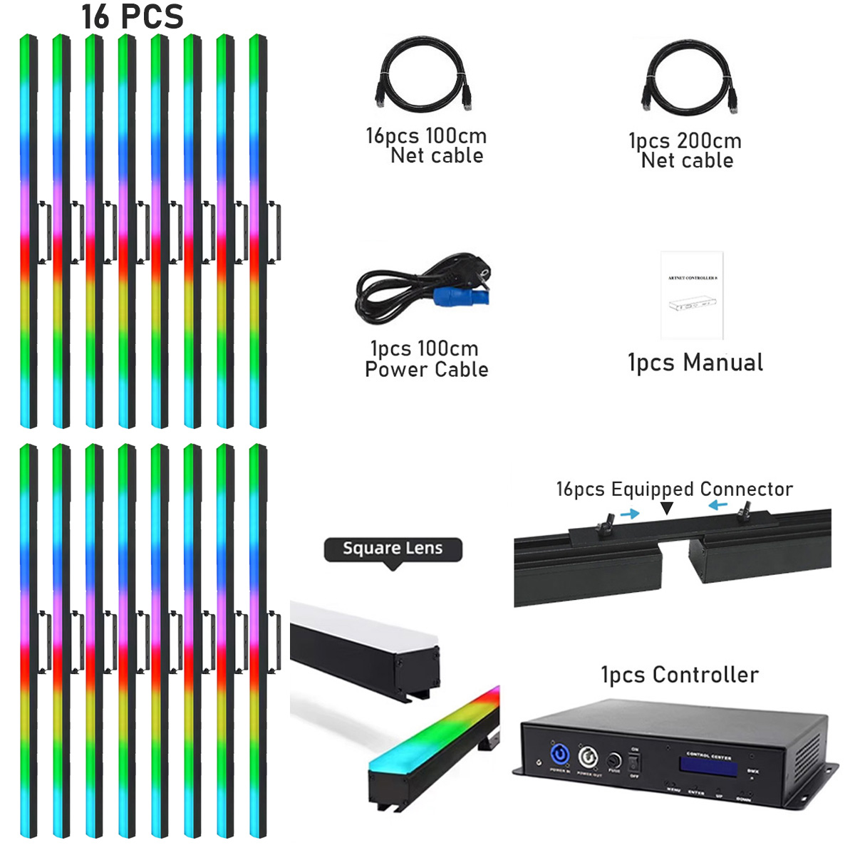 16 Tubos LED Pixel – Lente Cuadrada – Cartón