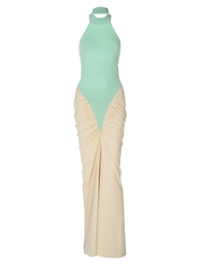 Vestido Maxi Halter para Mulheres, Costas Descobertas, Com Ruches Laterais, Estilo Bodycon, Vestidos de Festa em Cores Contrastantes - Product Image 5