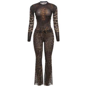 Conjunto de 2 Piezas de Pantalones Casuales con Estampado de Leopardo a la Moda, Cintura Alta y Ombligo Expuesto para Mujer - Product Image 6