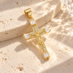 Collana con Pendente a Croce Religiosa da Donna, Placcata Oro, Catena in Argento con Zirconi, Gioielli alla Moda, Crocifisso Cattolico, Vendita all'Ingrosso - Product Image 4