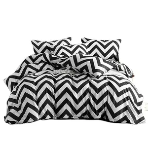 Modern 100% fırçalanmış mikrofiber çizgili nevresim yatak örtüsü seti süper yumuşak siyah & beyaz geri dönüşümlü tasarım fermuar yorgan bağları