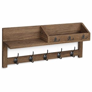 Estante de almacenamiento montado en la pared con ganchos para la entrada, organizador de llaves, abrigos y sombreros, rectangular de madera maciza, duradero - Product Image 1