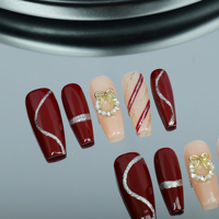 Uñas artificiales hechas a mano, estilo festivo rojo, longitud media, alta calidad, reutilizables de fábrica al por mayor.