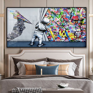 Pittura su porcellana <span class=keywords><strong>di</strong></span> cristallo Pop art dietro la tenda e aeroplano <span class=keywords><strong>di</strong></span> carta stampe su tela <span class=keywords><strong>Banksy</strong></span> Graffiti Wall Art per la decorazione domestica - Product Image 4