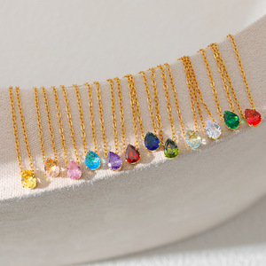 Collar con abalorio de piedra de nacimiento <span class=keywords><strong>en</strong></span> forma de lágrima de acero inoxidable, collar de piedras preciosas personalizado minimalista delicado, regalo de cumpleaños - Product Image 4