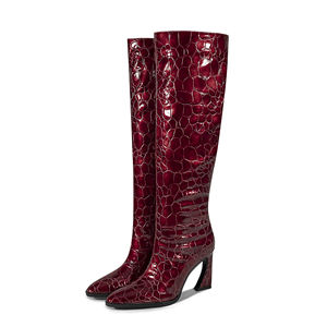 Bottes femme <span class=keywords><strong>à</strong></span> hauteur du genou en PU verni haute brillance, motif pierre irrégulier, bout pointu, collection hiver, talons bloc sculptés en métal - Product Image 1