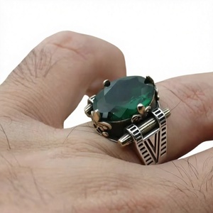 925 Sterling Silver Green Stone <b>Ring</b> Rhodium Plated Bezel <b>Set</b> <b>Mens</b> Gemstone Band for Party Everyday Wear - Product Image 2