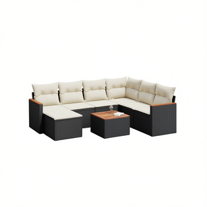 Conjunto de sofá de jardín color crema, blanco y negro con cojines, 6 plazas, muebles de exterior de mimbre y ratán, diseño contemporáneo - Product Image 1