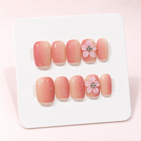 10 faux ongles courts carrés rose ombré faits à la main avec fleurs 3D, en acrylique, vente en gros