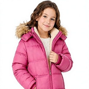 Manteau d'hiver matelassé rose pour filles avec capuche et garniture en fourrure, veste épaisse zippée unie décontractée, coupe-vent léger à capuche pour homme - Product Image 1