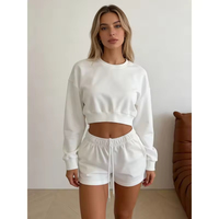 Prix de gros, service OEM, ensemble short et sweat-shirt à manches longues et col rond pour femmes, couleur unie, coupe ample et décontractée pour dames