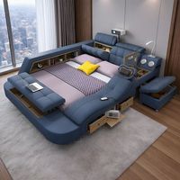Modernes, intelligentes, multifunktionales, verstellbares, weiches Holzbett mit integriertem Projektor, Bluetooth-Lautsprecher, Kingsize-Plattformbett mit Stauraum