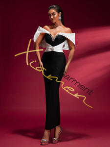 MF Boutique Robe de soirée élégante pour femme, vintage, respirante, à épaules dénudées, blanche, avec strass noirs, en laine droite imprimée naturelle - Product Image 4