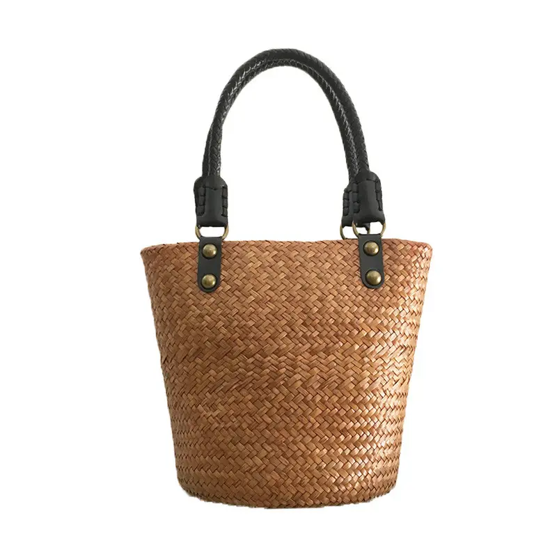 手作りの女性のビーチクラッチストローバッグレトロな籐のストロー織りの便利なビーチバッグシンプルなヴィンテージアート織りトートバッグ