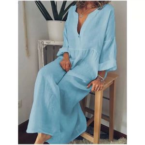 Abito <span class=keywords><strong>lungo</strong></span> allentato in cotone di lino per le donne <span class=keywords><strong>vestito</strong></span> estivo Casual da ufficio da esterno Maxi abito a <span class=keywords><strong>tre</strong></span> <span class=keywords><strong>quarti</strong></span> di <span class=keywords><strong>manica</strong></span> - Product Image 5